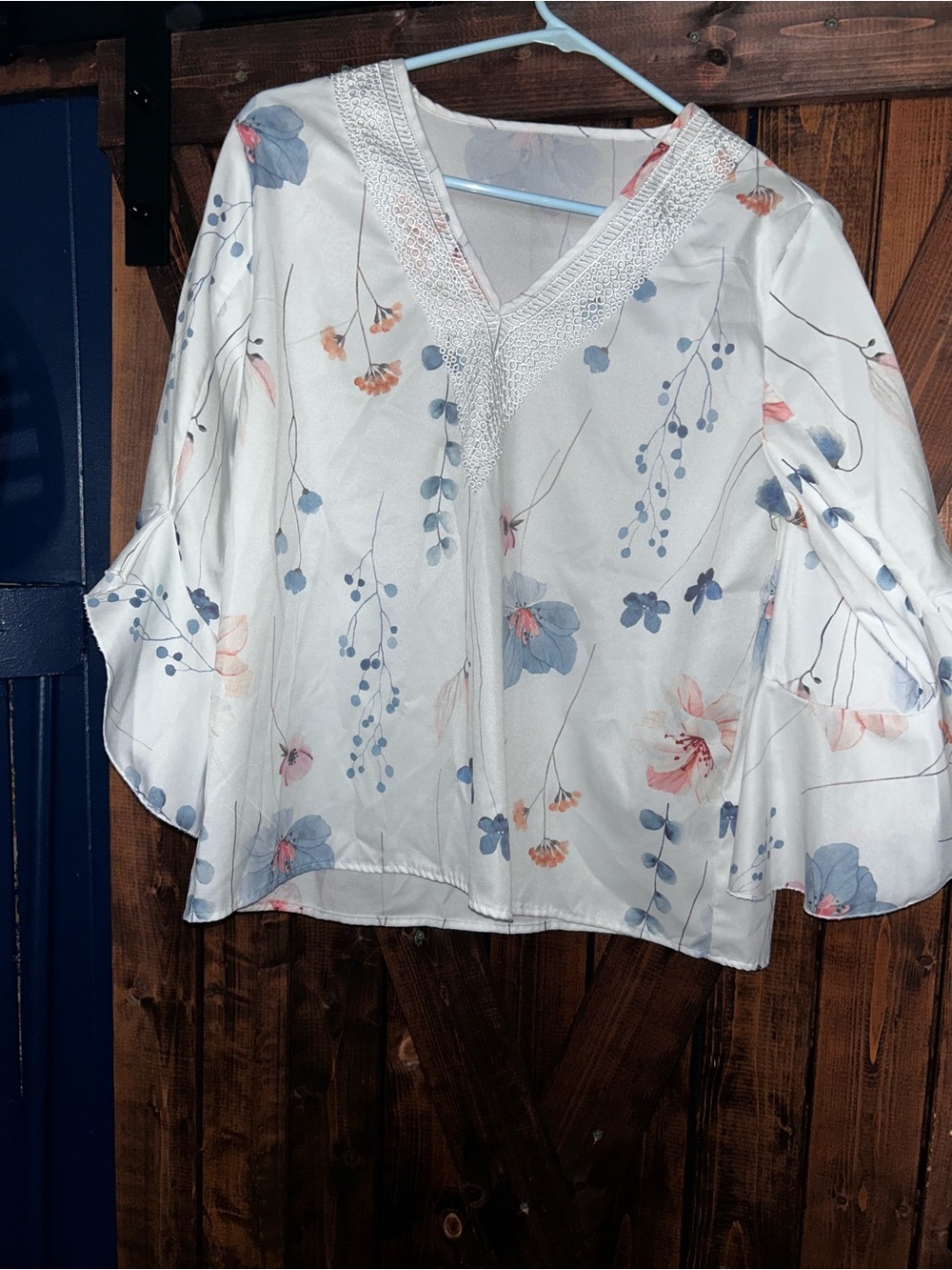 SHEIN White Floral V-Neck Bell Sleeve Blouse with Blue & Pink Accents